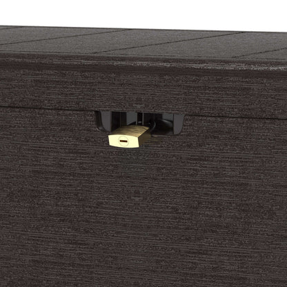 Close-up view of Duramax 71 Gallon Deck Box with a secure lock for added safety and storage protection.