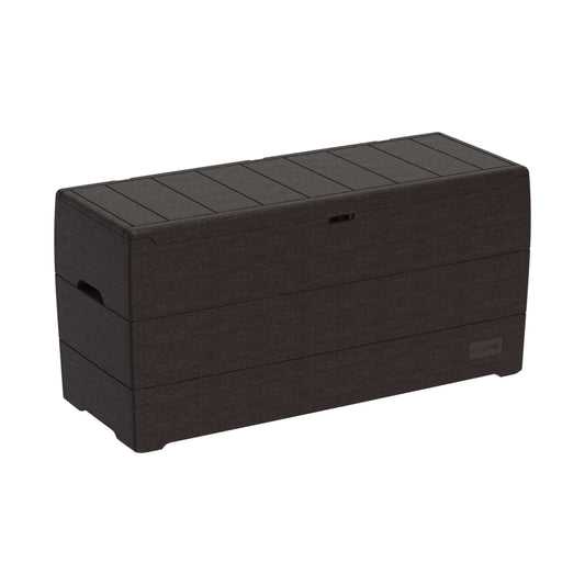 Duramax 71 Gallon Brown Deck Box, versatile outdoor storage and seating solution in resin material.