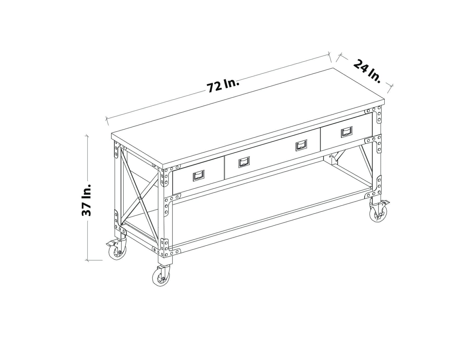 Duramax 72" Darby Industrial Metal & Wood kitchen island desk dimensions drawing with storage drawers and wheels.