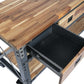 Duramax Darby 72" Industrial Metal & Wood kitchen island desk showcasing wooden top and open drawer.