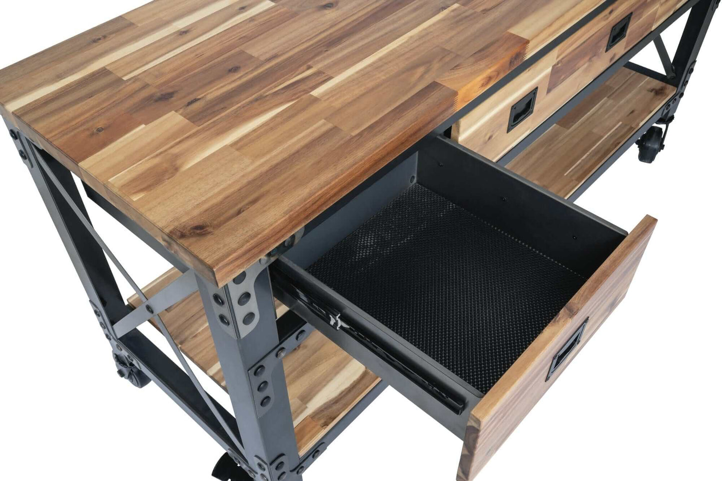 Duramax Darby 72" Industrial Metal & Wood kitchen island desk showcasing wooden top and open drawer.