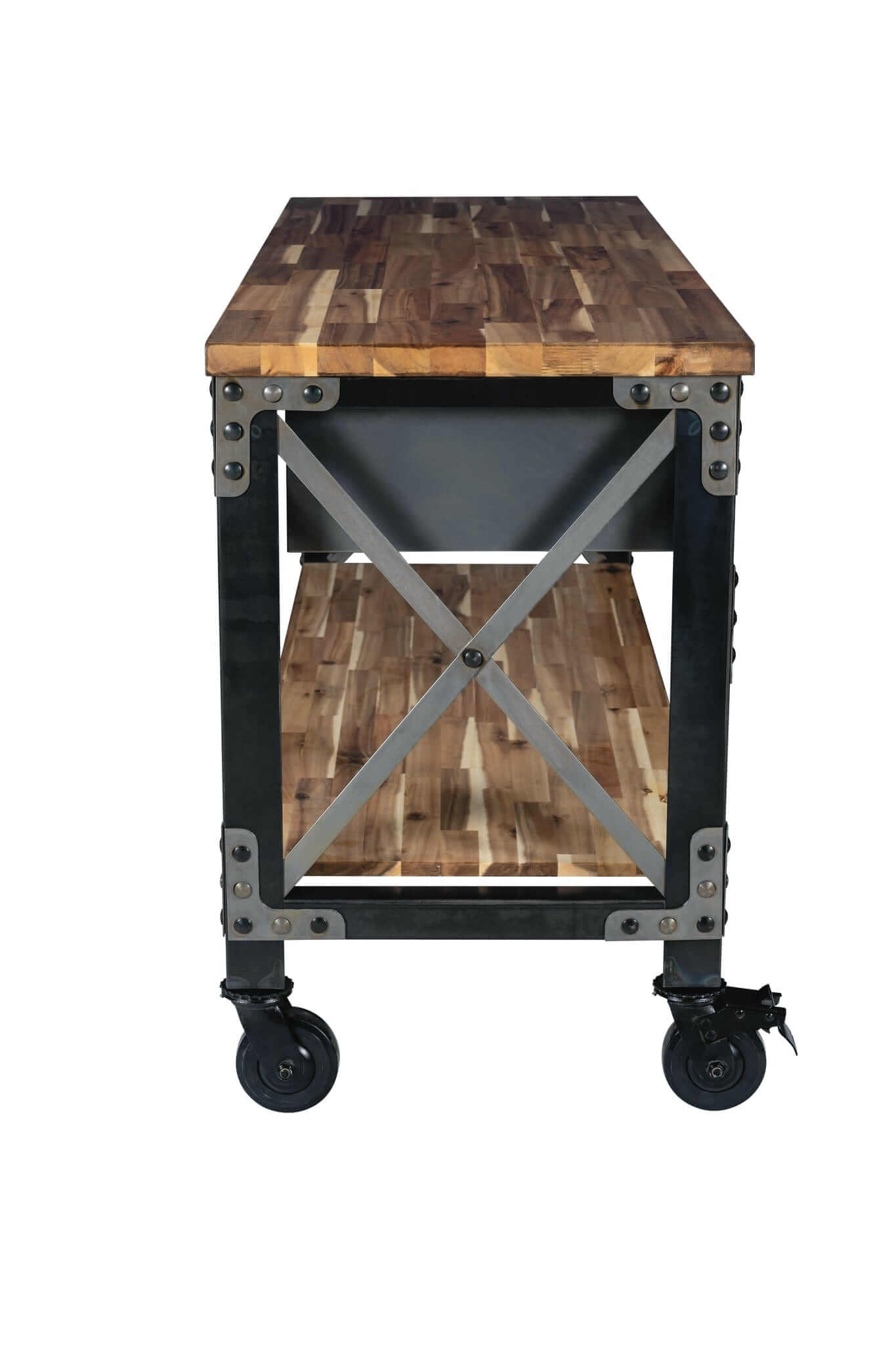 Duramax 72" Darby industrial metal and wood kitchen island desk with wheels and wooden top.