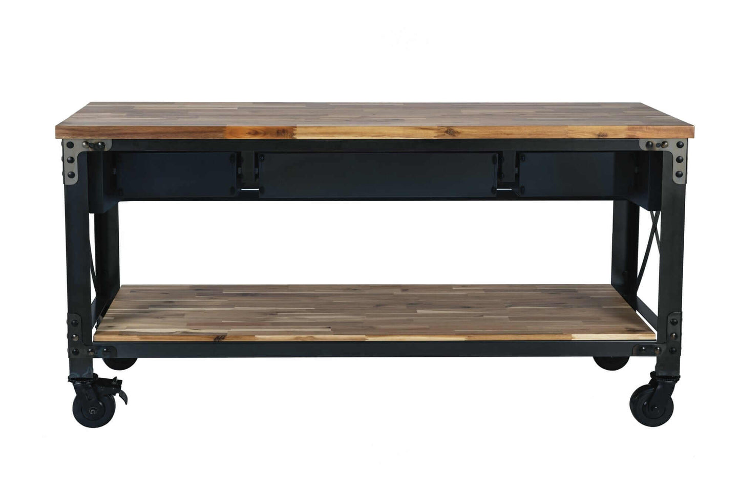 Duramax 72" Darby Industrial Metal & Wood kitchen island desk with wheels, rustic wood top and lower shelf.