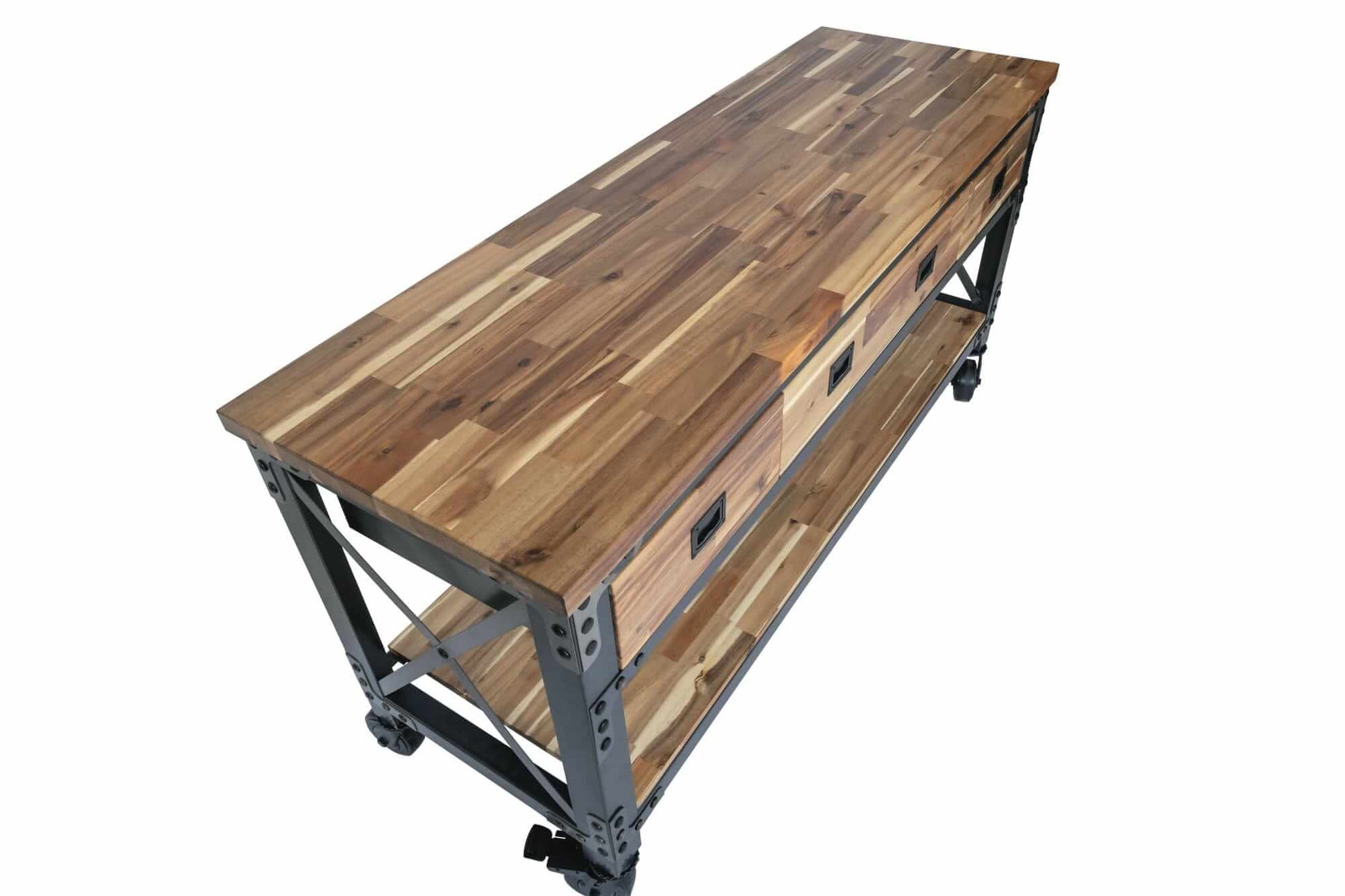 Duramax 72" Darby Industrial Metal and Wood kitchen island desk showcasing a distressed wood finish and sturdy design.