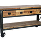 Duramax Darby 72" industrial metal and wood kitchen island desk with drawers and shelf, perfect for home use.