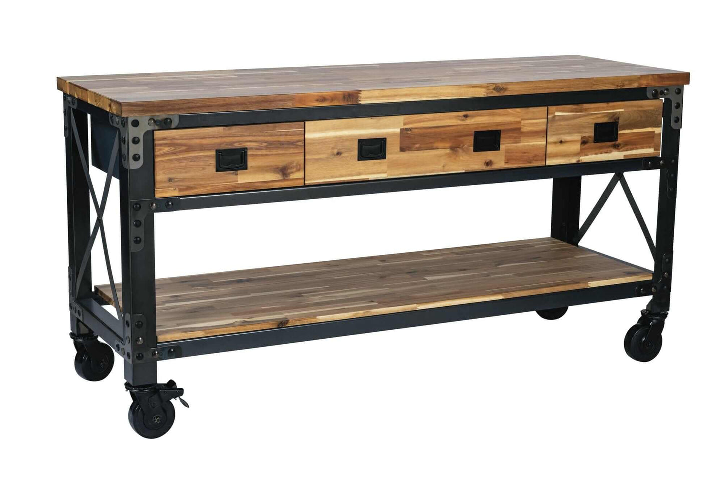 Duramax Darby 72" industrial metal and wood kitchen island desk with drawers and shelf, perfect for home use.