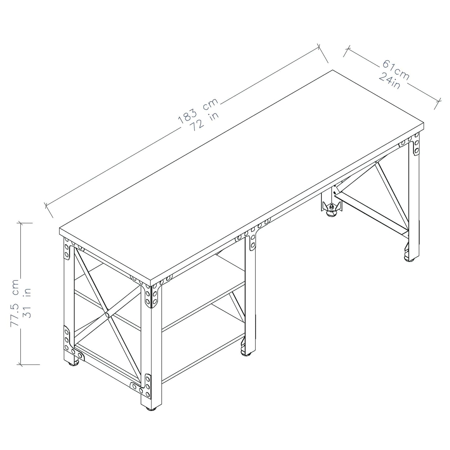 Duramax 72 In Weston Industrial Metal & Wood desk 68052 dimensions illustration showing table size and structure.