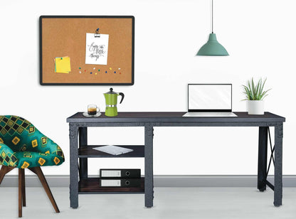 Duramax 72 In Weston Industrial Metal & Wood desk 68052 with a workspace setup, including a corkboard and decorative chair.