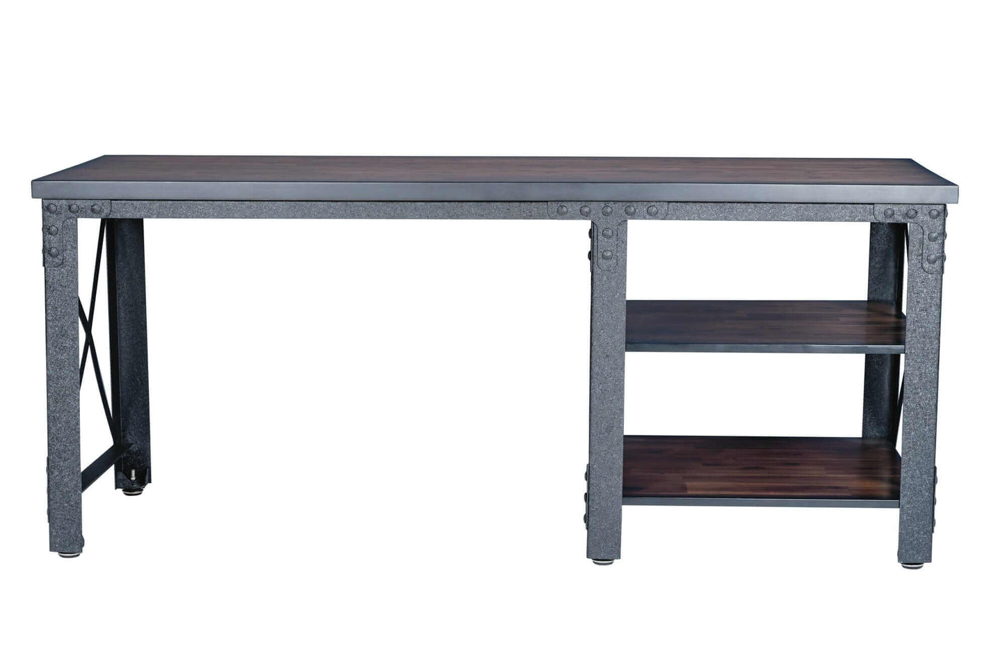 Duramax 72 In Weston Industrial Metal & Wood desk 68052 featuring spacious surface and two open shelves.