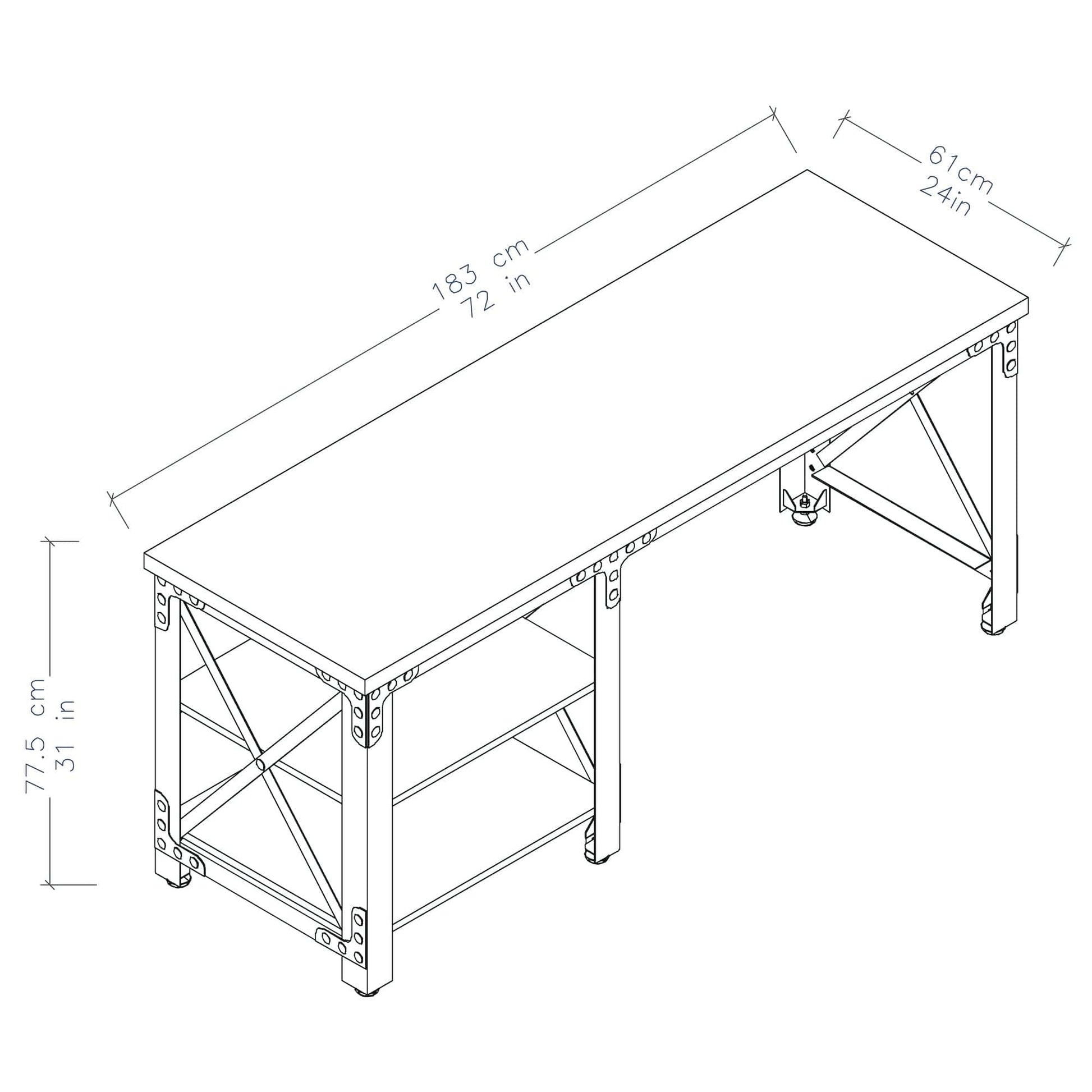 Duramax 72 In Weston Industrial Metal & Wood Desk with Shelves dimensions diagram