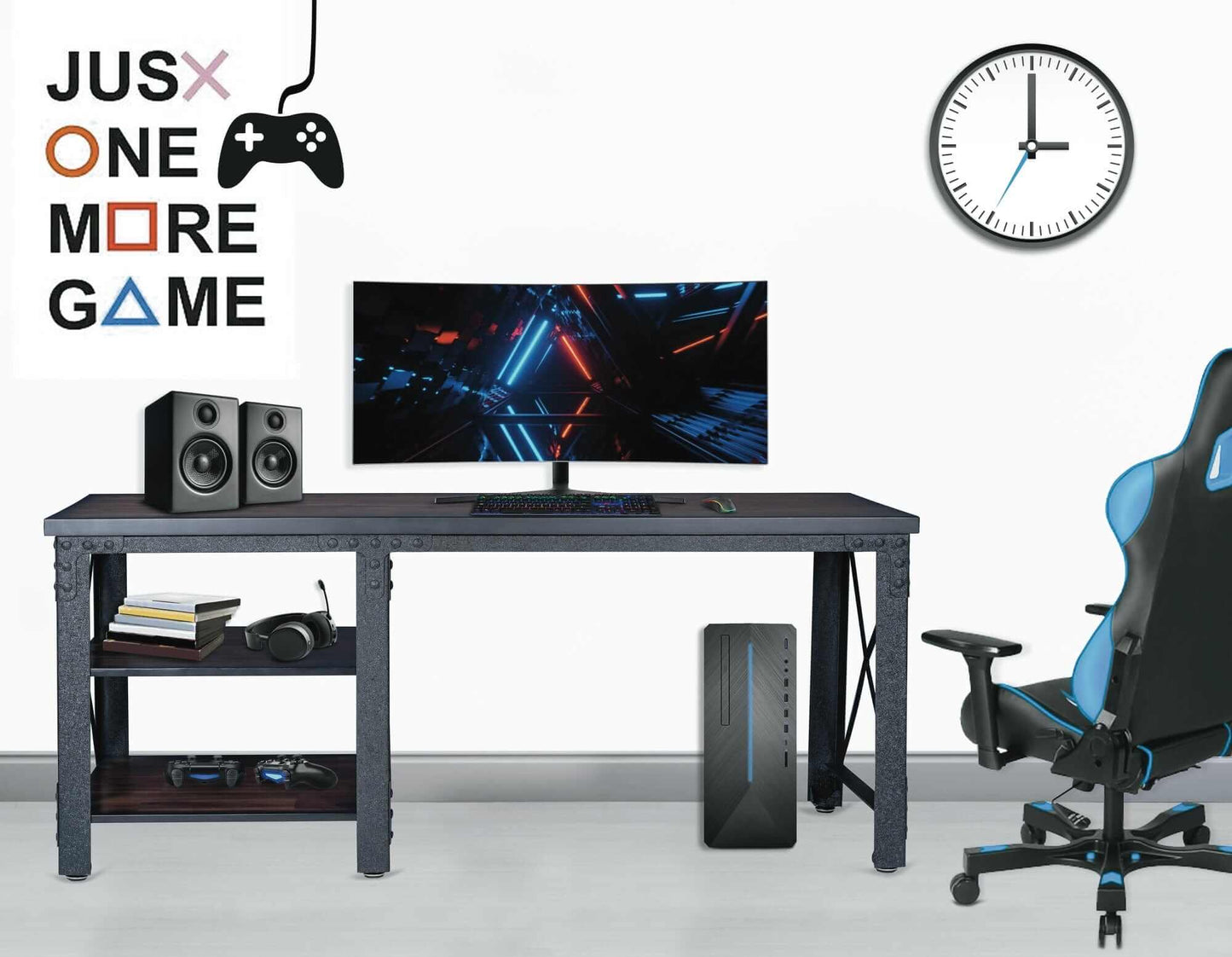 Duramax 72" Industrial Metal & Wood desk with monitor, speakers, and gaming chair in a modern workspace.