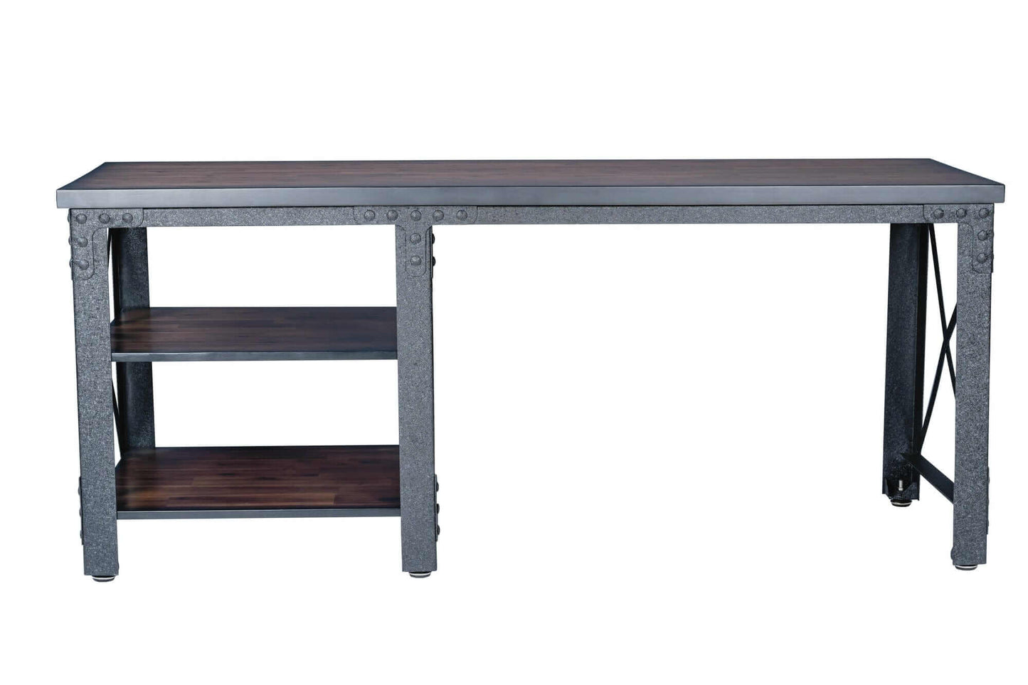 Duramax 72" Weston Industrial Metal & Wood desk with two open shelves, designed for durability and versatility.