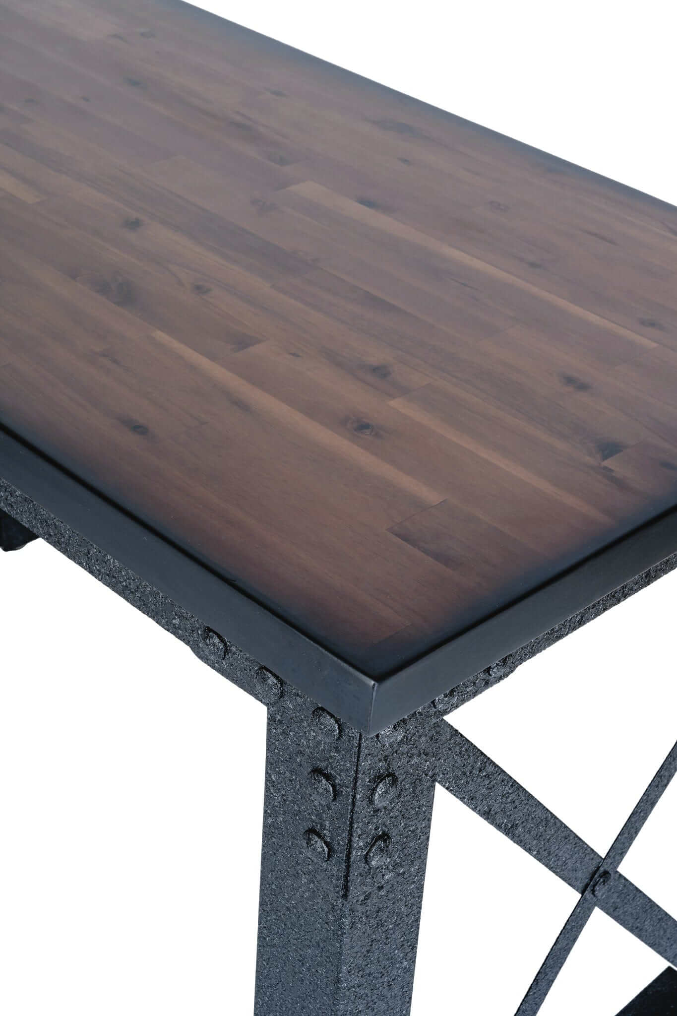 Close-up of Duramax Weston Industrial Metal & Wood Desk top, showcasing rich wood grain and sturdy metal frame.