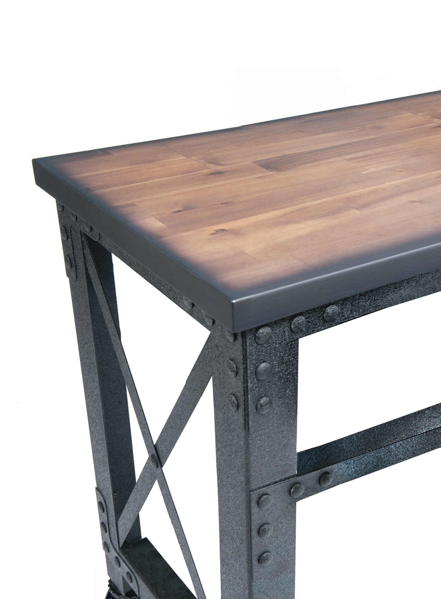 Duramax 72 In x 24 In Rolling Industrial Worktable featuring a dark wooden top and sturdy metal frame.