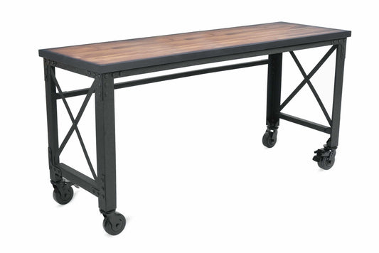 Duramax 72 In x 24 In Rolling Industrial Worktable with dark wood top and sturdy metal frame on caster wheels. 
