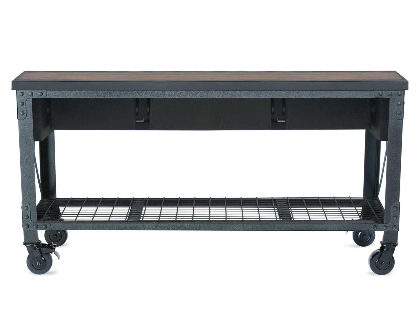 Duramax 72 x 24 in 3-drawer rolling industrial workbench with heavy-duty steel frame and wheels.