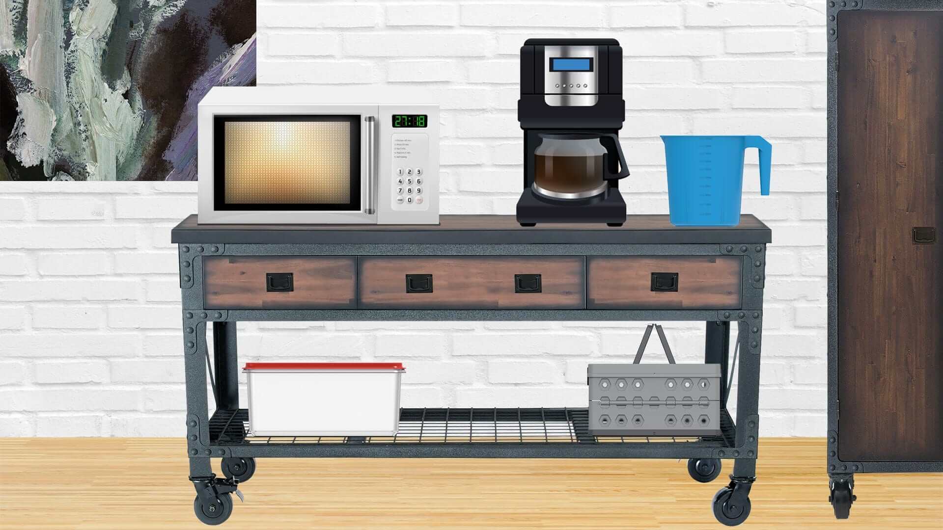 Duramax rolling industrial workbench featuring a microwave, coffee maker, and kitchen accessories on display.