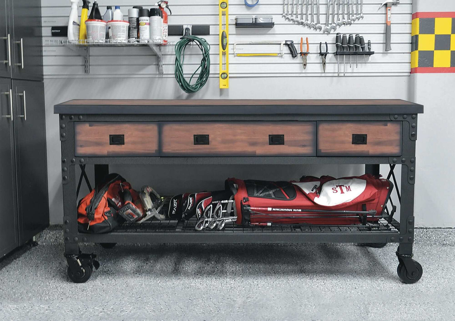 Duramax 72x24 in 3-drawer industrial workbench with tools and storage on wheels