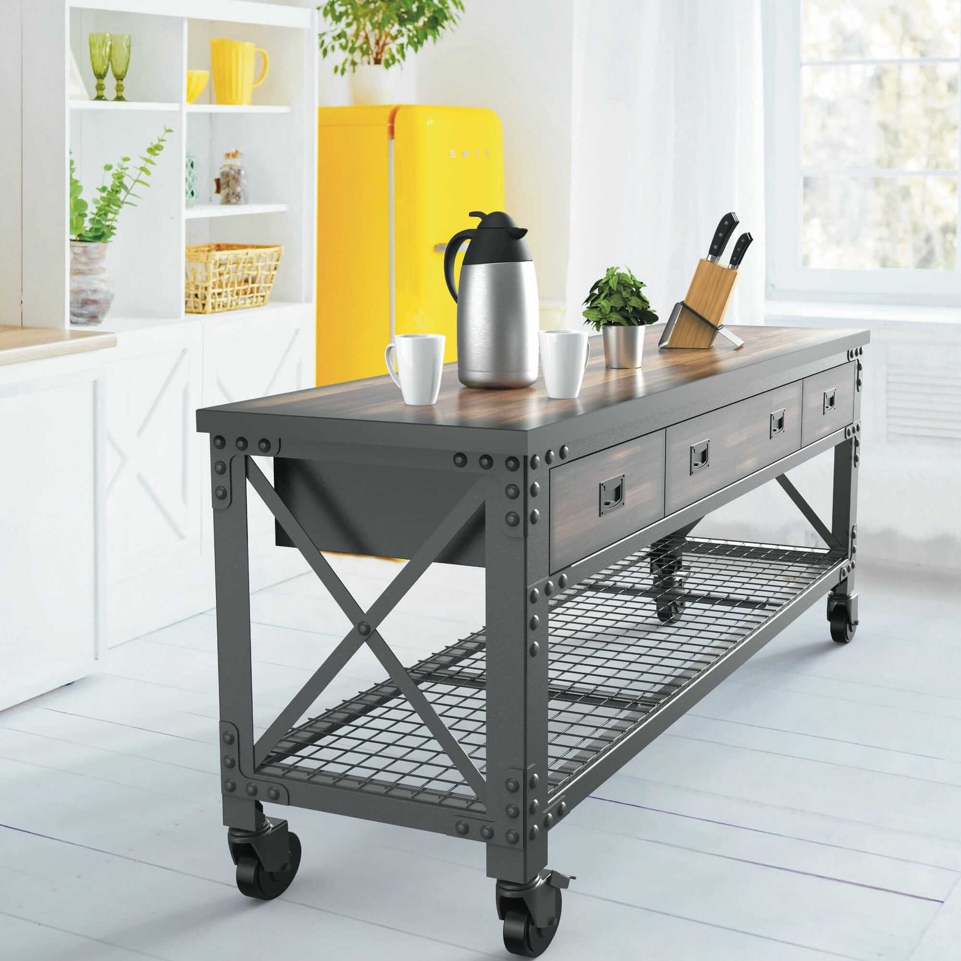 Duramax 72" x 24" rolling industrial workbench with 3 drawers, styled with coffee and kitchen utensils in bright space.