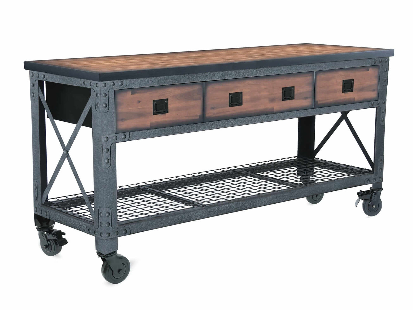 Duramax 72 x 24 in 3-drawer rolling industrial workbench with steel frame and wooden top.