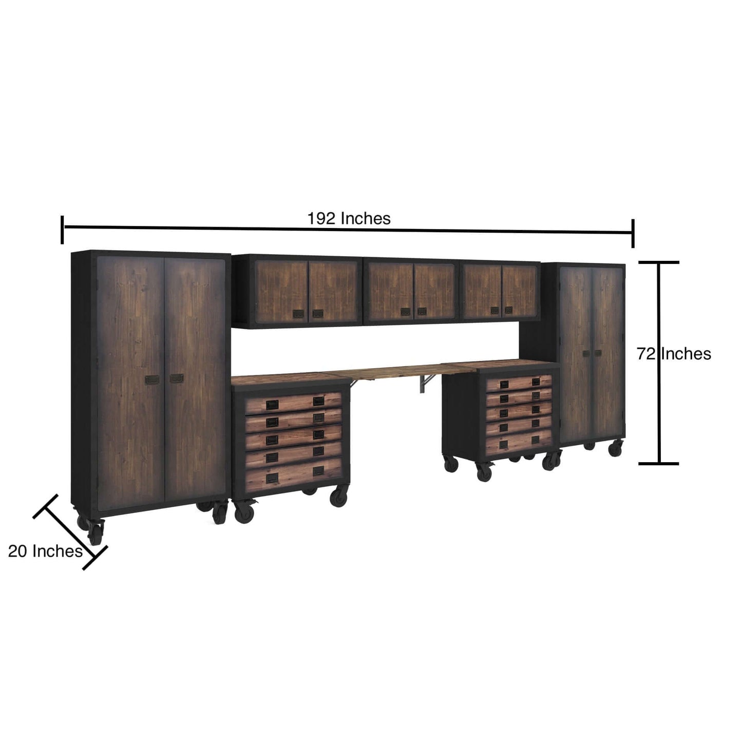 Duramax 8-Piece Garage Storage Combo Set w/ Tool Chests, Wall Cabinets, Folding Table and Free Standing Cabinets 8P2TC3WC2FC dimensions shown.