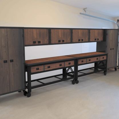 Duramax 8-Piece Garage Storage Combo Set w/ Workbenches, Wall Cabinets and Free Standing Cabinets 8P2WB4WC2FC in an industrial design.