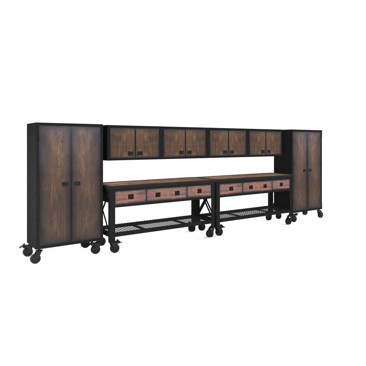 Duramax 8-Piece Garage Storage Combo Set w/ Workbenches, Wall Cabinets and Free Standing Cabinets 8P2WB4WC2FC in industrial style.