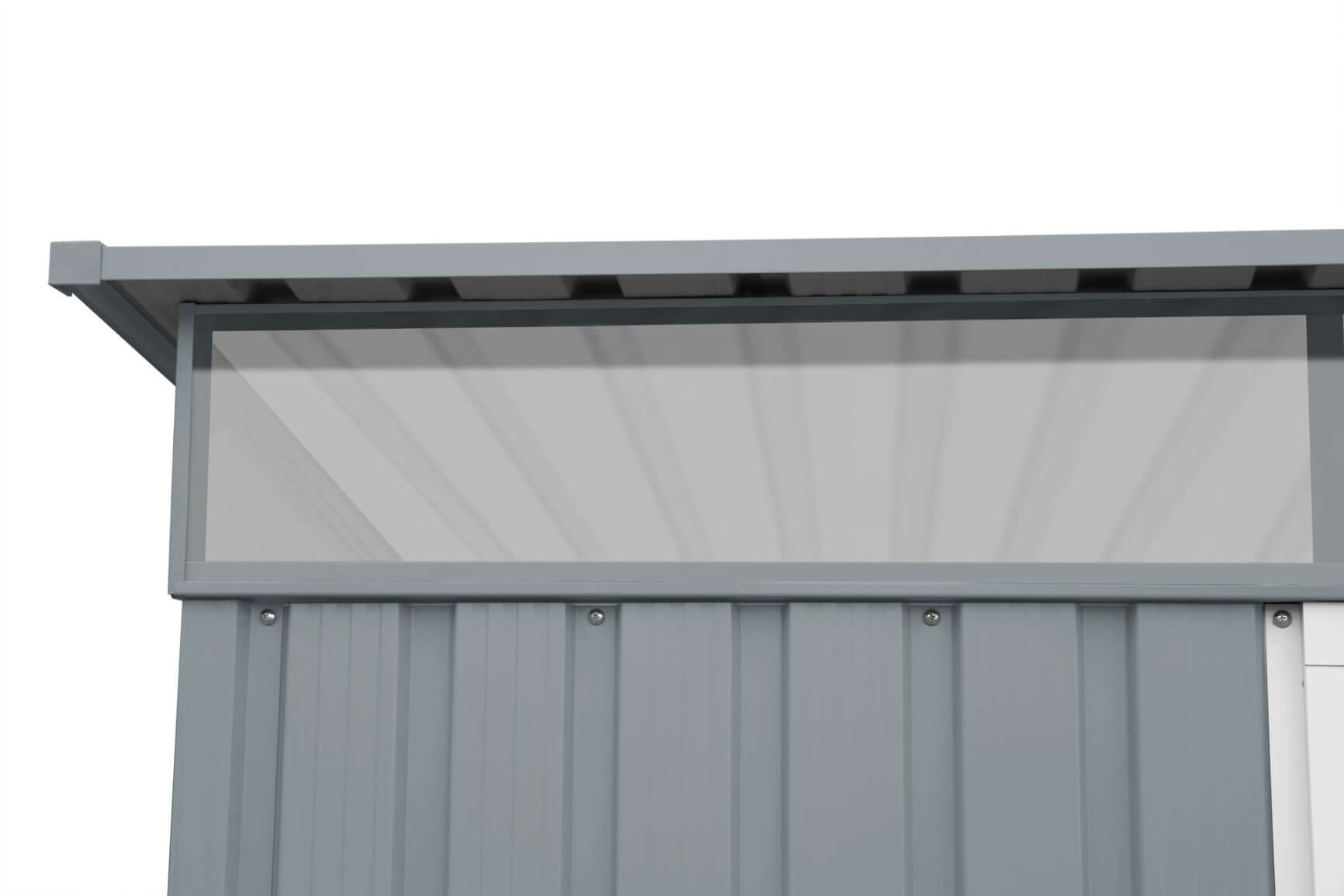 Close-up of Duramax 8x6 Metal Shed skylight and pent roof design, enhancing natural light inside.