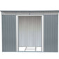 Duramax 8x6 metal shed with pent roof and skylight, showcasing the front view and open door.