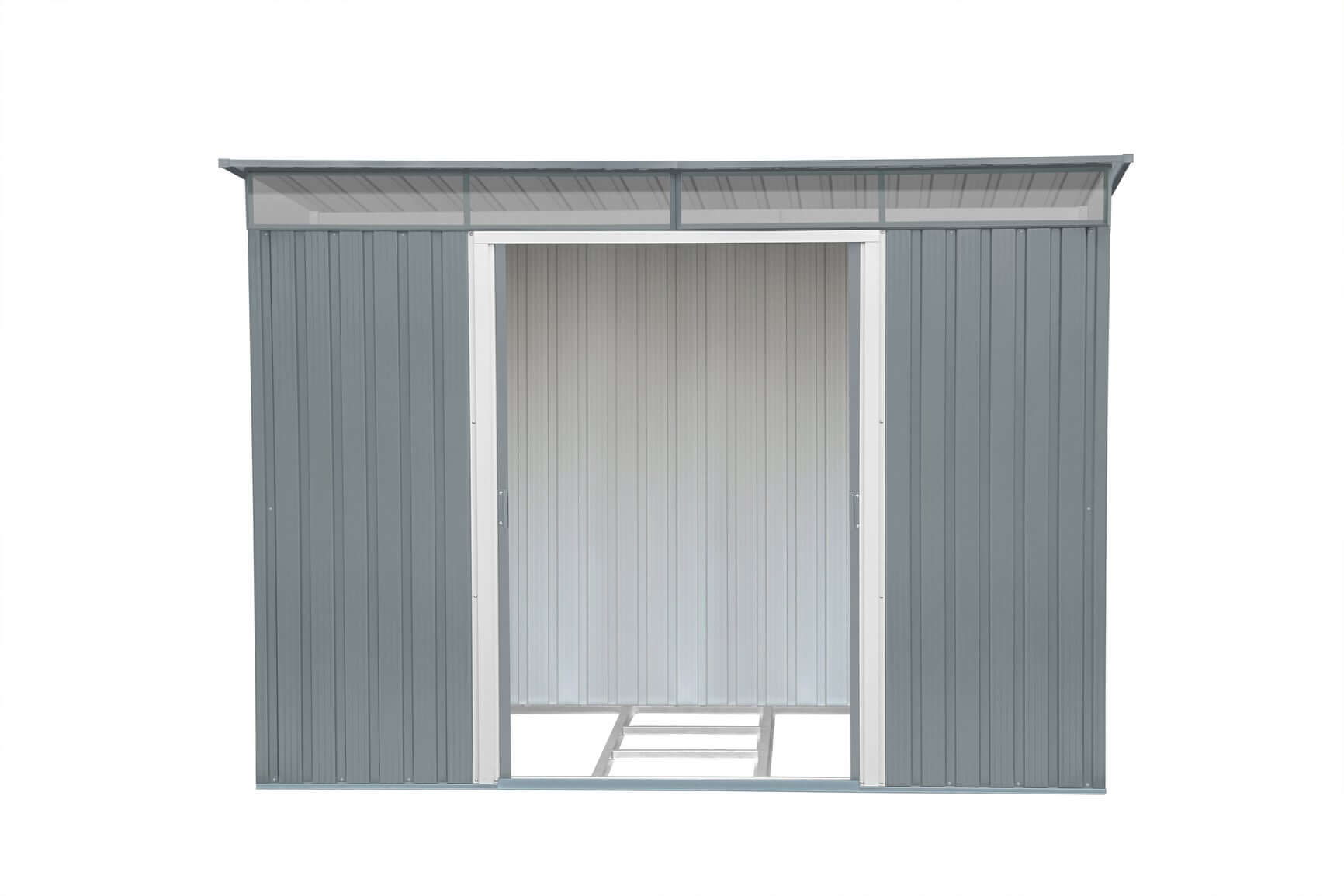 Duramax 8x6 metal shed with pent roof and skylight, showcasing the front view and open door.