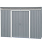 Duramax 8x6 metal garden shed with pent roof and skylight, featuring a sleek gray design and double doors.