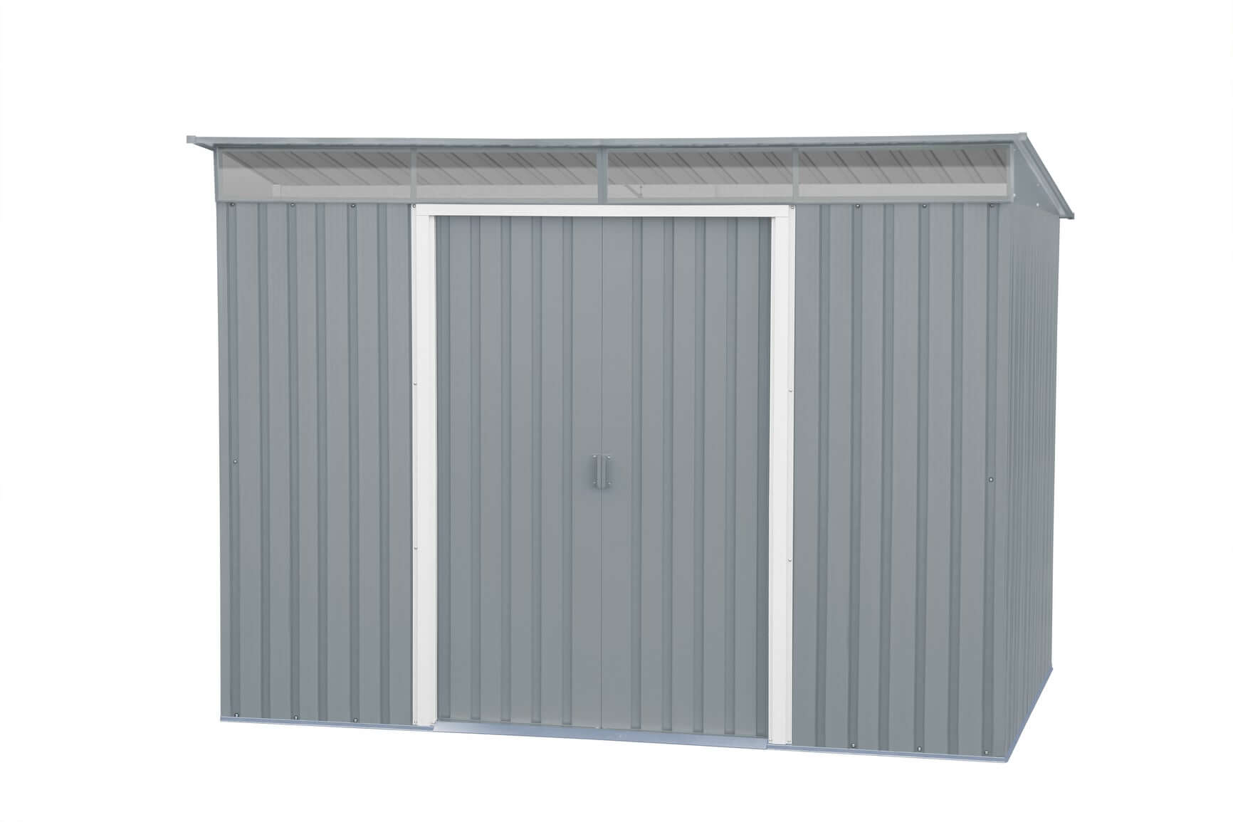 Duramax 8x6 metal garden shed with pent roof and skylight, featuring a sleek gray design and double doors.