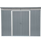 Duramax 8x6 metal shed with pent roof design and integrated skylight, ideal for garden storage.