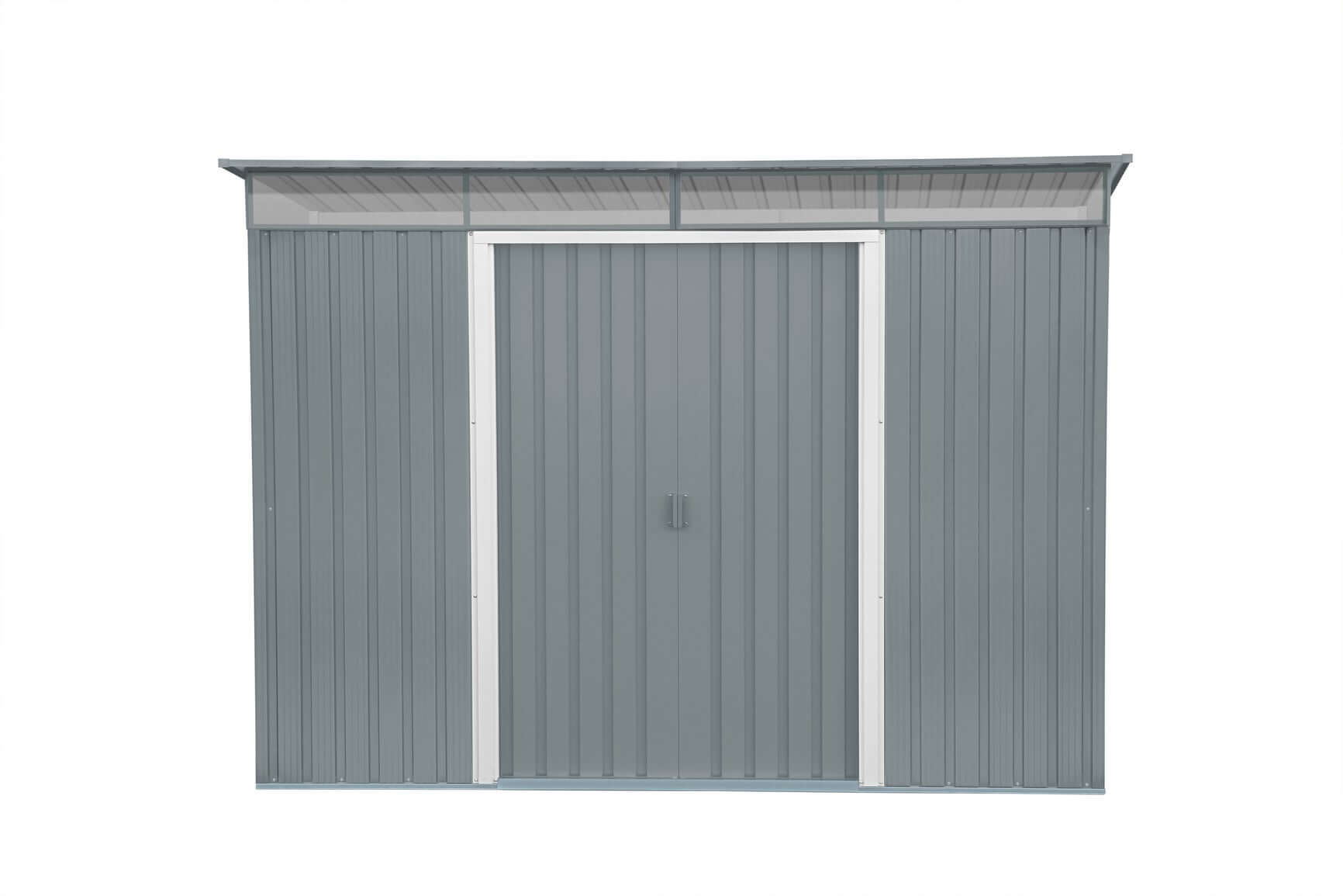 Duramax 8x6 metal shed with pent roof design and integrated skylight, ideal for garden storage.