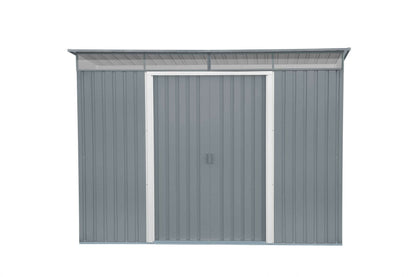 Duramax 8x6 metal shed with pent roof design and integrated skylight, ideal for garden storage.
