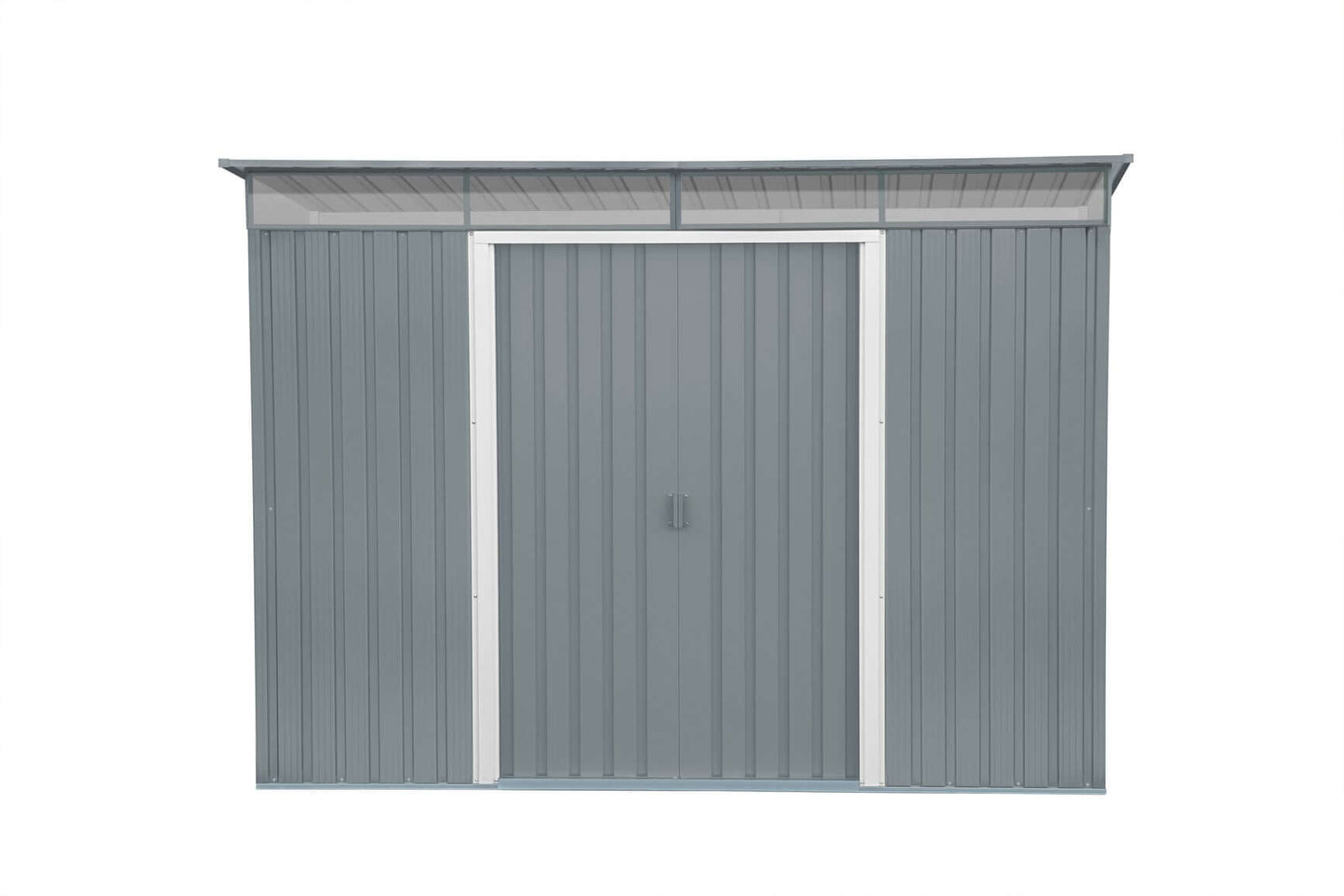 Duramax 8x6 metal shed with pent roof design and integrated skylight, ideal for garden storage.