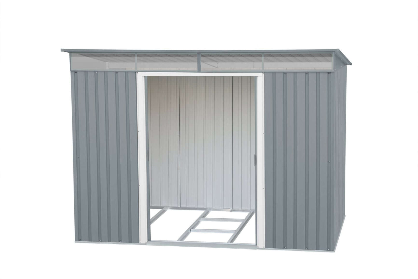 Duramax 8x6 metal shed with pent roof and skylight, featuring an open door and a spacious interior.