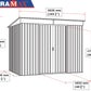 Duramax 8x6 Metal Shed diagram with dimensions, showcasing pent roof and skylight design.