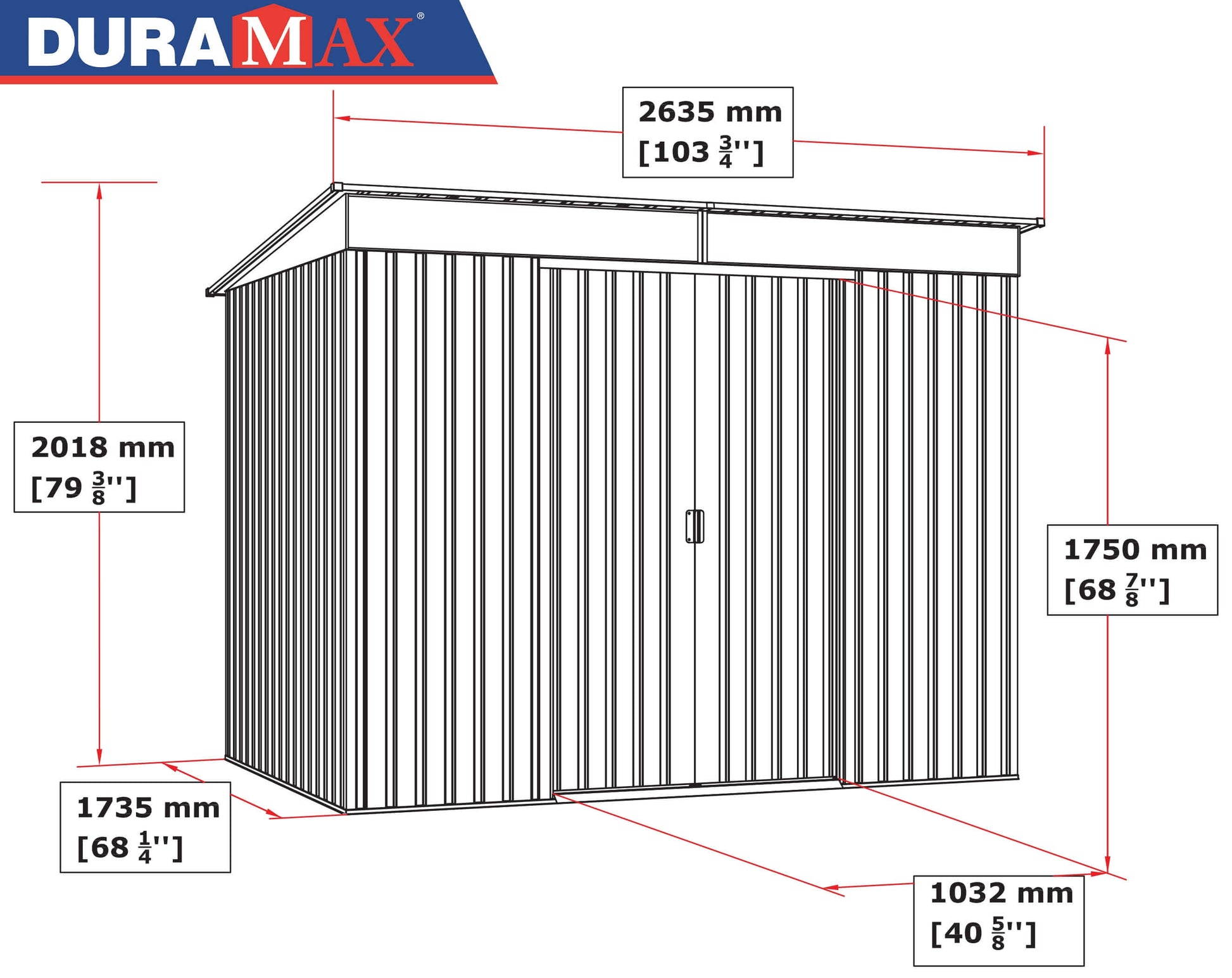 Duramax 8x6 Metal Shed diagram with dimensions, showcasing pent roof and skylight design.