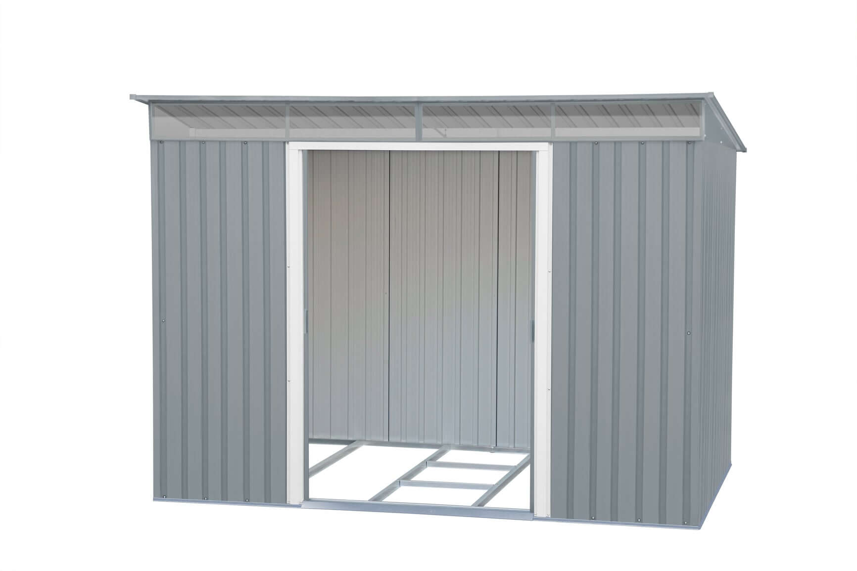 Duramax 8x6 metal shed with pent roof and skylight, featuring an open entrance and sturdy design.