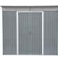 Duramax 8x6 Metal Shed with pent roof and skylight, grey exterior, front view.