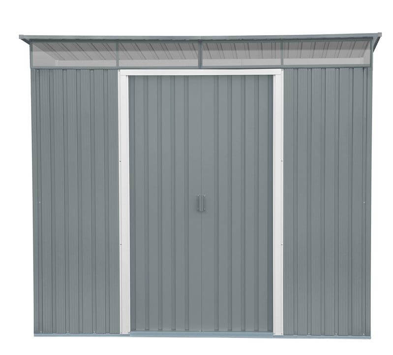 Duramax 8x6 Metal Shed with pent roof and skylight, grey exterior, front view.