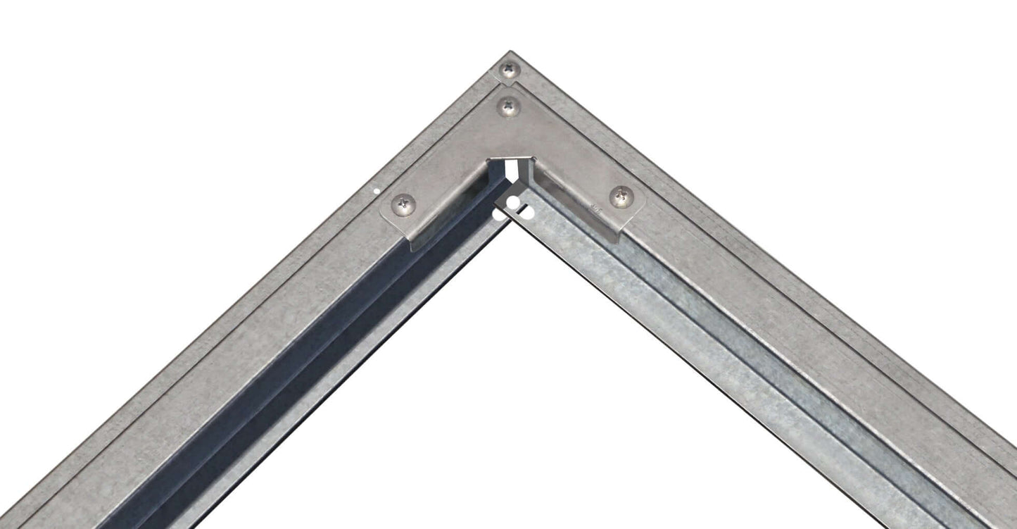 Corner joint of a galvanized metal frame, showcasing durability and stability for construction projects.