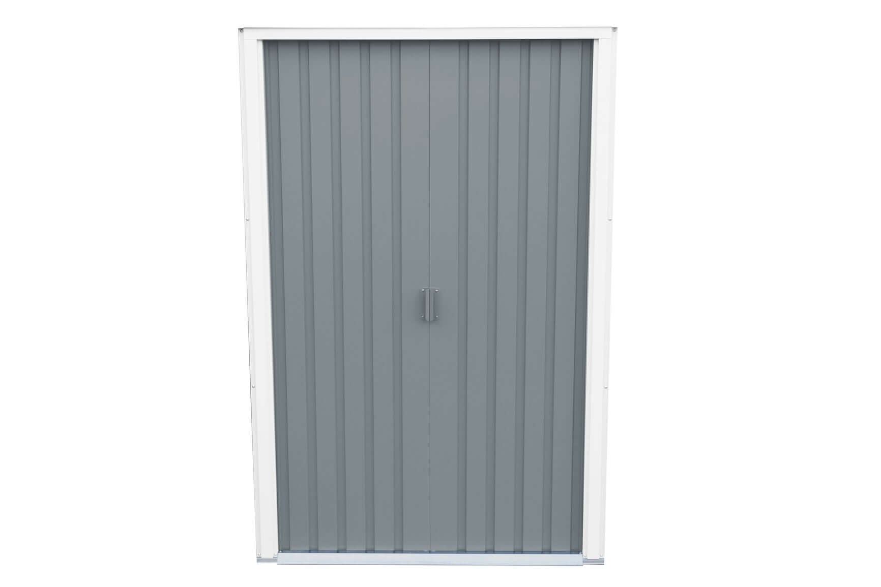 Duramax 8x6 metal shed pent roof door featuring vertical paneling and handle