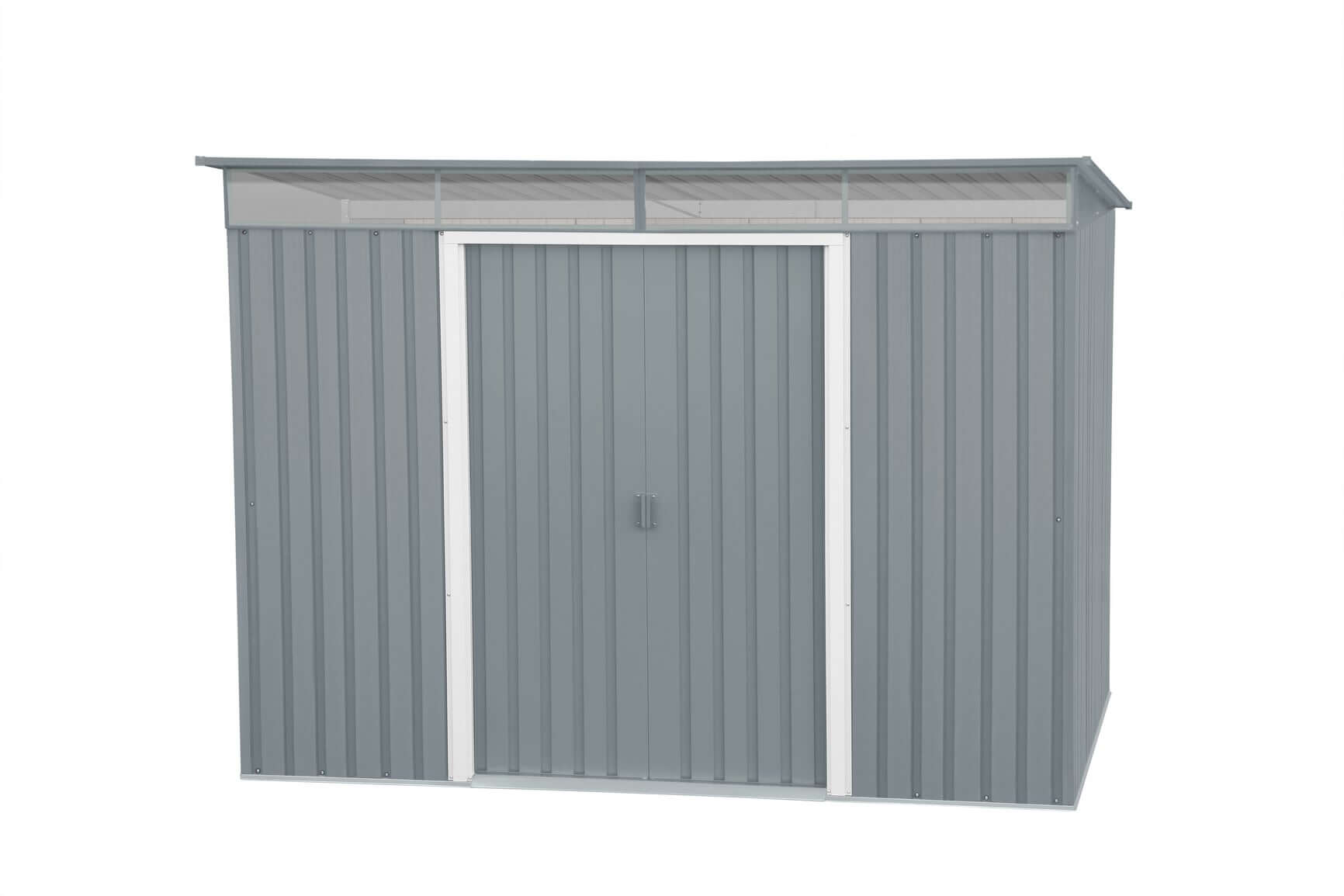 Duramax 8x6 metal shed with pent roof and skylight, showcasing a durable design and spacious entrance.