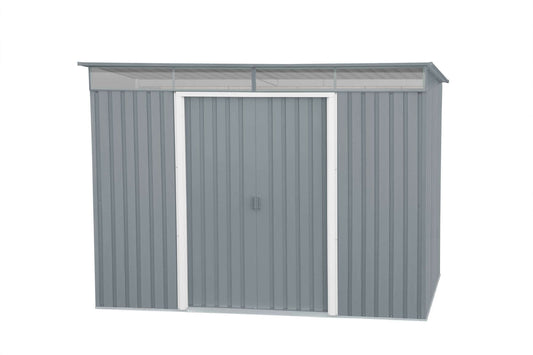 Duramax 8x6 metal shed with pent roof and skylight, showcasing a durable design and spacious entrance. 