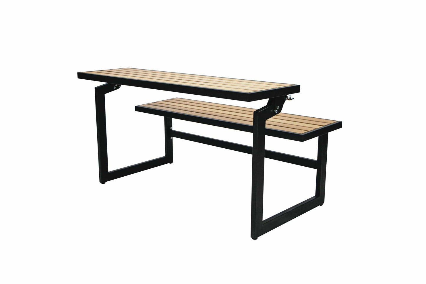 Duramax Ashton Convertible Table Bench 68070 in black and wood, perfect for outdoor dining and relaxing.