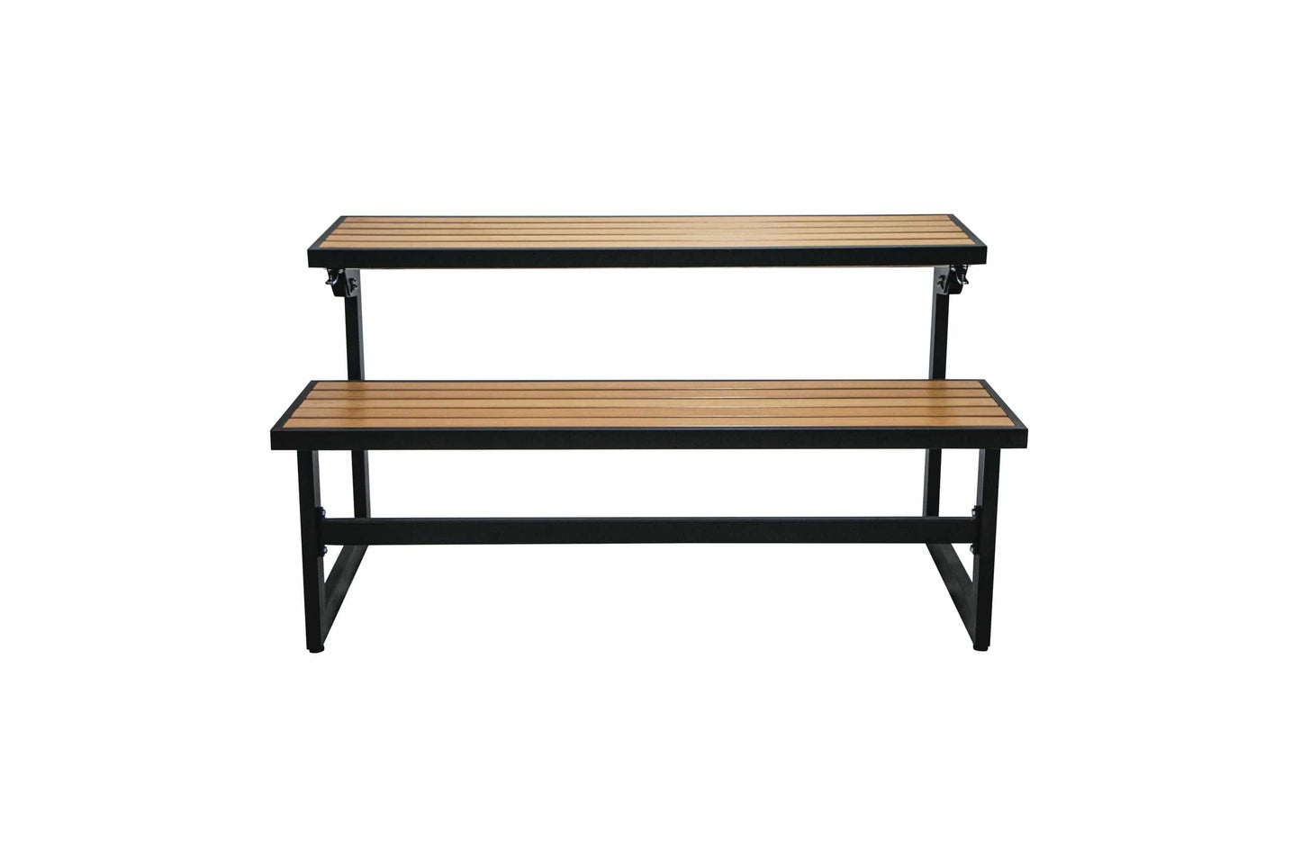 Duramax Ashton Convertible Table Bench 68070 with a sleek design, featuring wooden slatted surfaces and sturdy black metal frame.