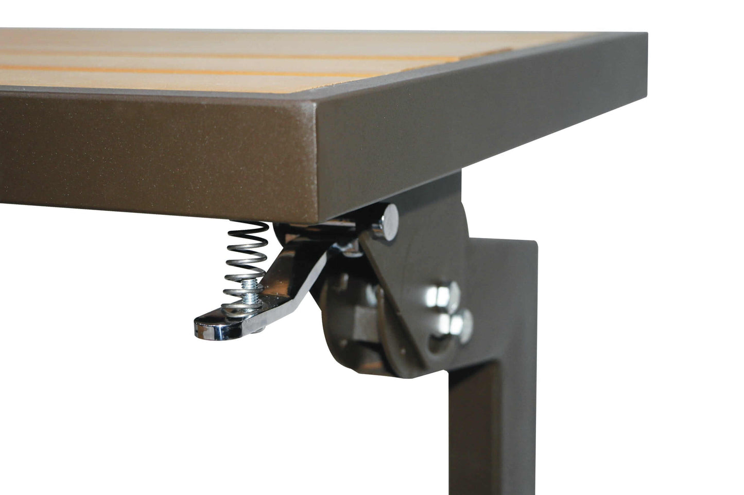 Close-up view of the Duramax Ashton Convertible Table Bench mechanism with spring for easy transformation.
