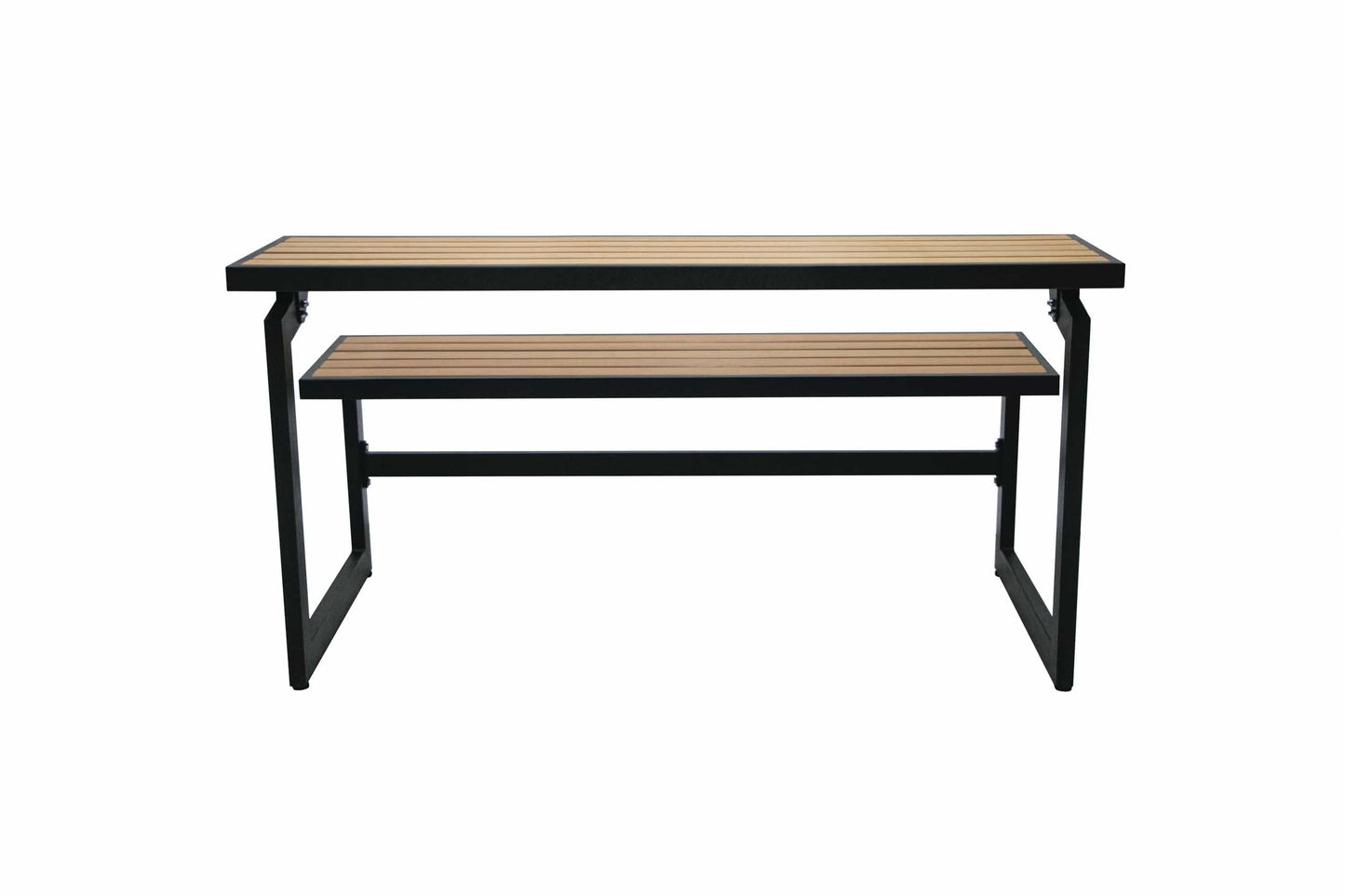 Duramax Ashton Convertible Table Bench 68070 in black and wood finish, perfect for outdoor settings.